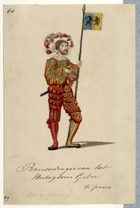 32739 Afbeelding van een kostuumontwerp van een banierdrager van het hertogdom Gelre, figurant in de maskerade van de ...